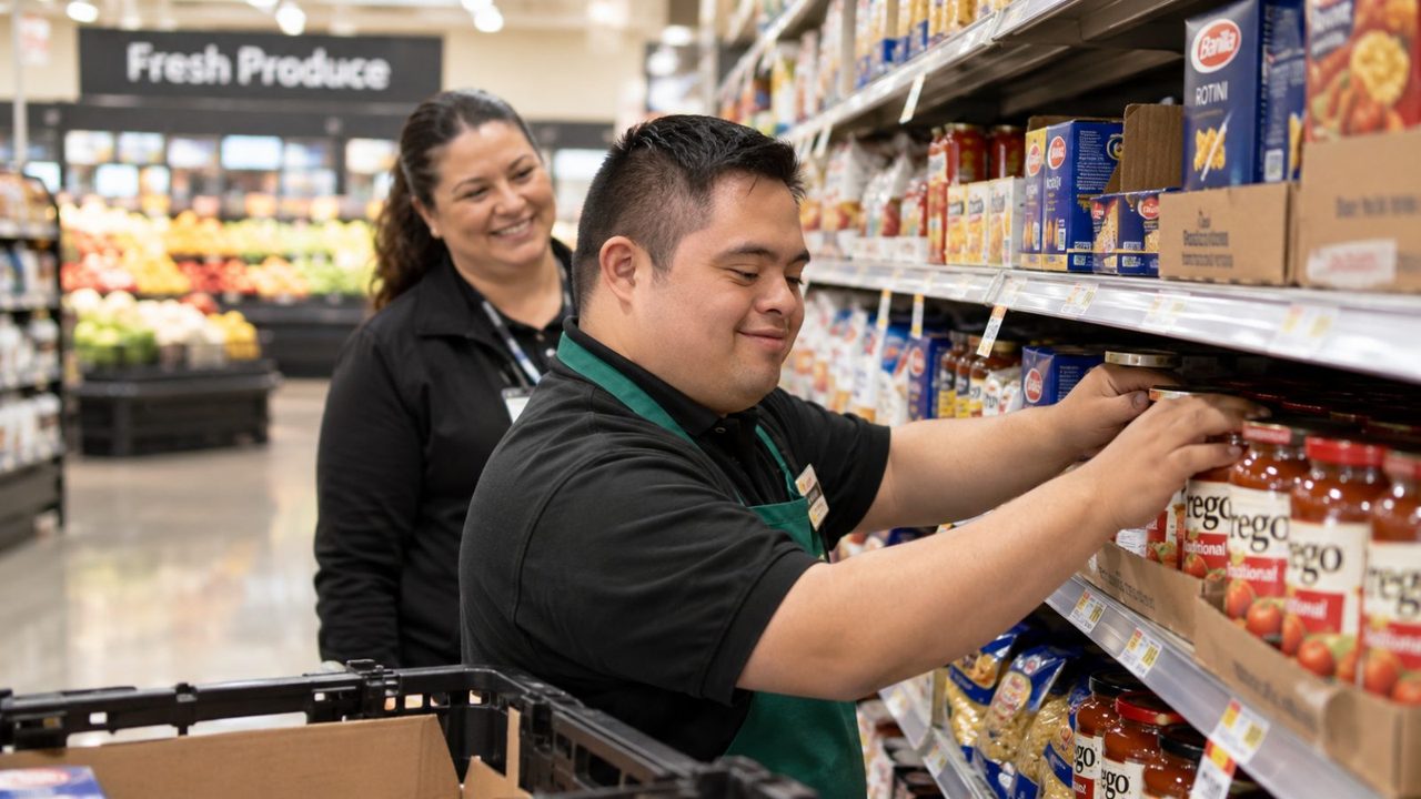 A young man stocks grocery shelves at his job