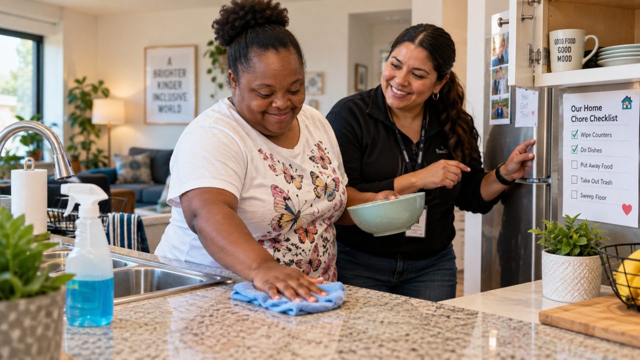 A woman wipes her kitchen counter while a support professional checks off a chore list