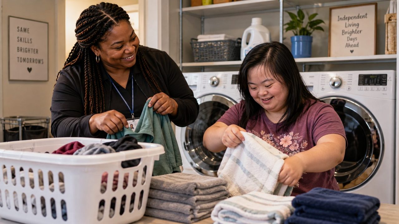 A young woman folds towels in her laundry room alongside a support professional